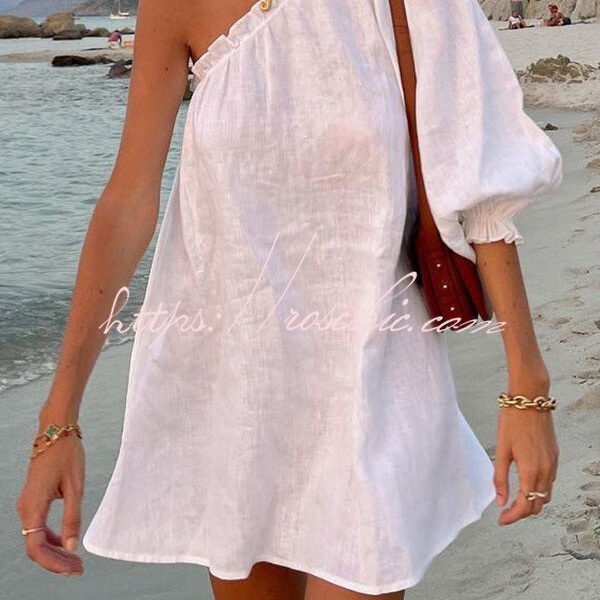 A Moment for Beach Linen Blend One Shoulder Loose Mini Dress