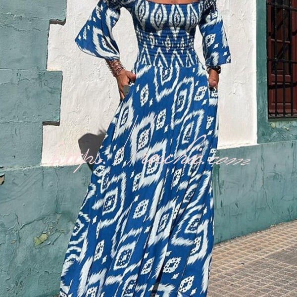 Close To The Vacation Ethnic Print Smocked Off Shoulder Pocketed Maxi Dress