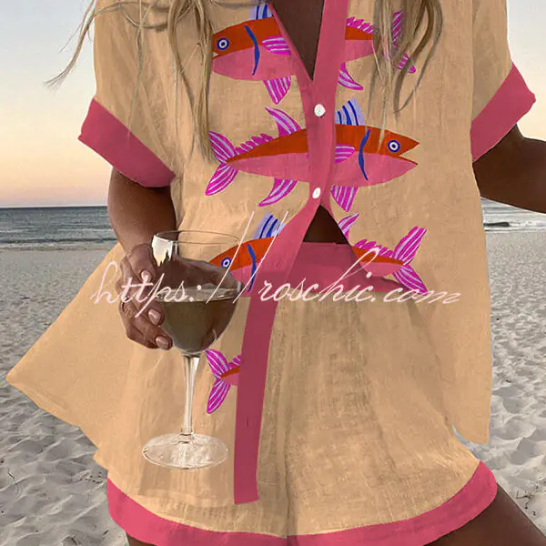 Exotic Fish Print Loose Button Elastic Waist Shorts Set