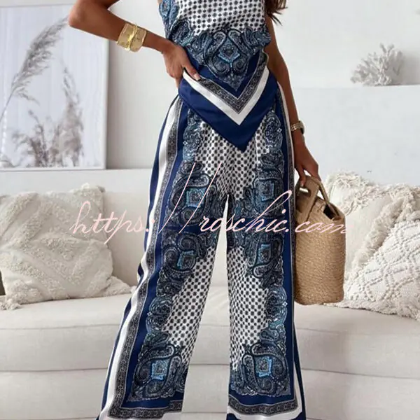 Unique Printed Sling Backless Strappy Top and Elastic Waisted Loose Pants Set