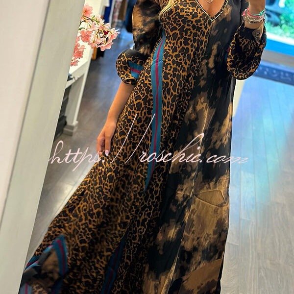 Touch of Fall Tie-dye Leopard Colorblock A-line Swing Maxi Dress