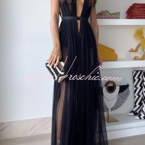 Sexy Muse Semi-sheer Tulle Fabric Fixed Back Tie-up Maxi Dress