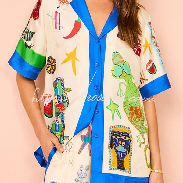 Vibrant Beach Satin Unique Print Colorblock Trim Button Down Oversized Blouse