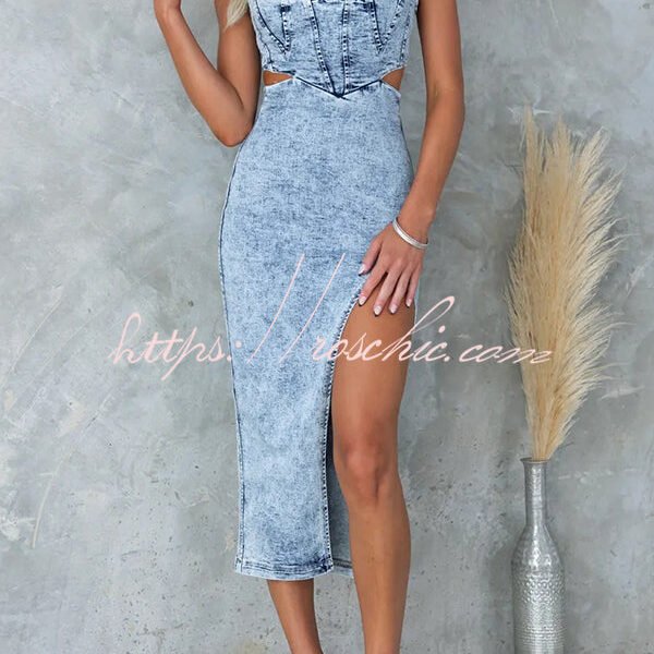 Felicia Washed Denim Princess Seams Cutout Waist Back Zipper Stretch Midi Dress