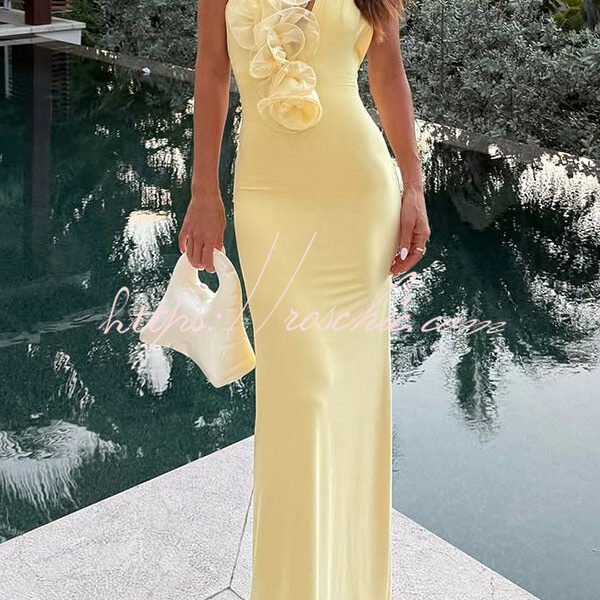 Vacay Mode Ruffles Trim Halter Backless Stretch Maxi Dress