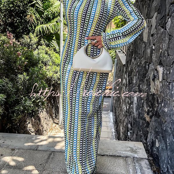 Ruffled Backless Long-sleeved Wavy Striped Beach Resort Maxi Dress