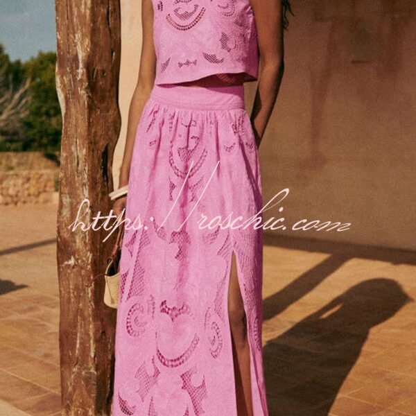 Look Stunning Cutout Embroidery Lace High Rise Slit Maxi Skirt