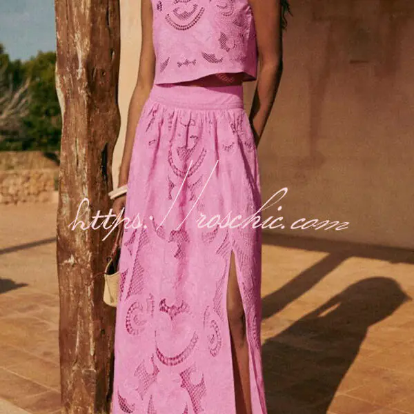 Look Stunning Cutout Embroidery Lace High Rise Slit Maxi Skirt