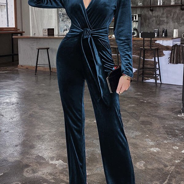 Solid Color Velvet Deep V Belt Slim Jumpsuit