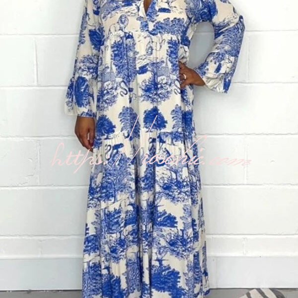 Botanical Print Casual V-neck Trumpet Sleeve Maxi Dress