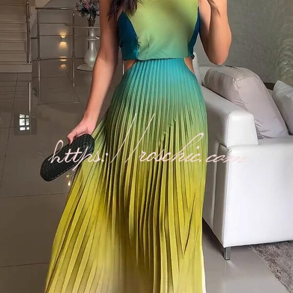 Fashionable Backless Tie Elegant Gradient Pleated Maxi Dress