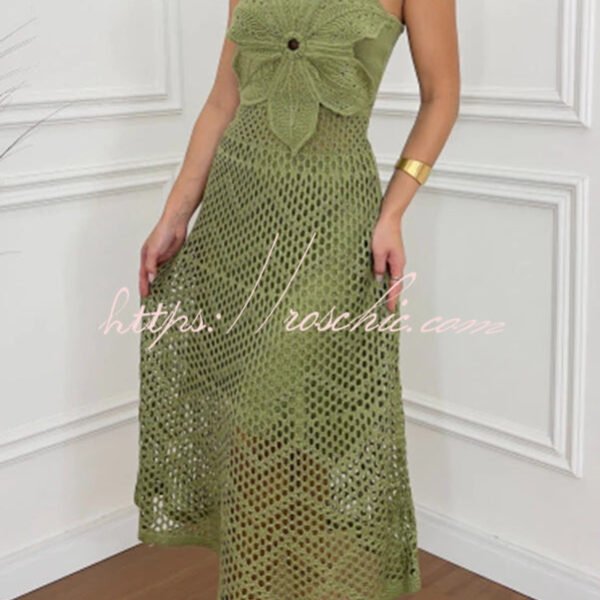 Libby Crochet Knit Oversized Flower Design Halter Texture Maxi Dress