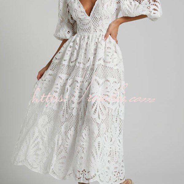Solid Color V neck Hollow Lace Waistless Sexy Maxi Dress