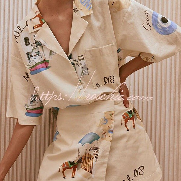 Kea Linen Blend Unique Print Short Sleeve Shirt and High Rise Wrap Panel Miniskirt Set