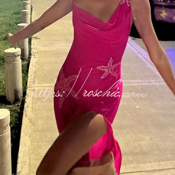 Mermaid Chiffon Starfish Sequin Asymmetric Neck Slit Maxi Dress