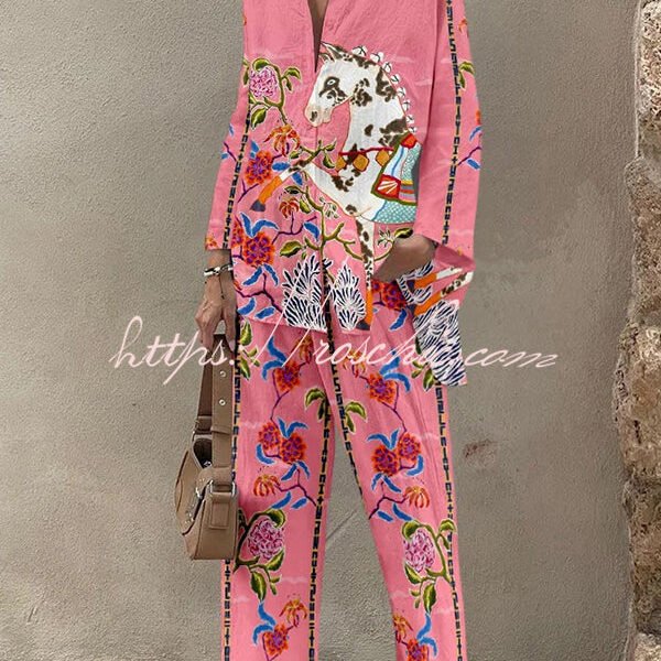 Horse Print Oversized Long Sleeved Shirt and Elastic Waist Pocket Pants Set