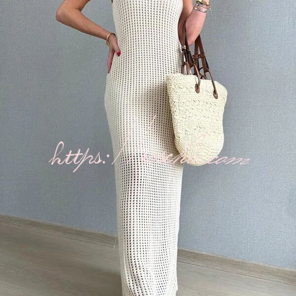 Elegant Knitted Round Neck Paneled Cutout Bodycon Maxi Dress