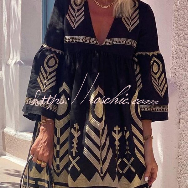 Unique Gold Printed V-neck Bell Sleeve Mini Dress