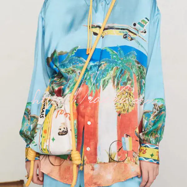 Vacation Flights Satin Unique Print Button Down Oversized Blouse