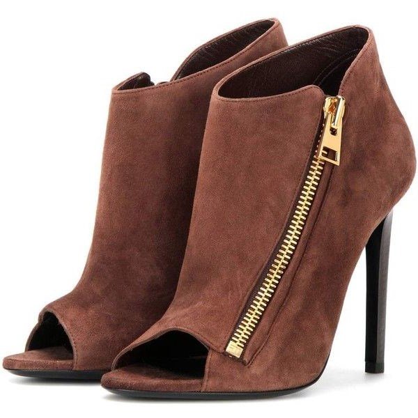 Brown Vegan Suede Peep Toe Heeled Ankle Boots with Zipper
