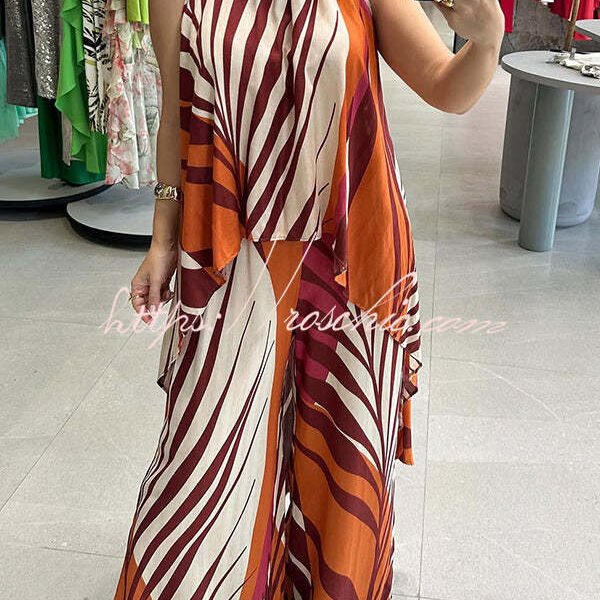 Edina Unique Print High Low Halter Loose Top and Elastic Waist Pocketed Wide Leg Pants Set