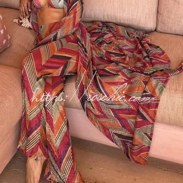 Gypsy Girl Triangle Pattern Tie-up Long Sleeve Midi Cover-up Robe