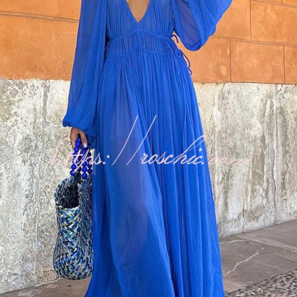 Blue Gemstone Chiffon Ruched Gathered Waist Maxi Dress