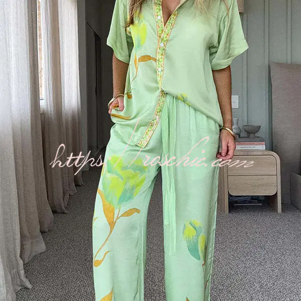 Niah Satin Tulip Print Lapel Short Sleeve Shirt and Elastic Waist Tie Pocket Wide Leg Pants Set