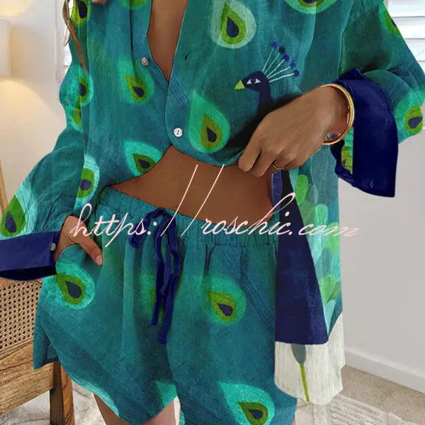 Smart Peacock Print Casual Buttoned Lace Up Shorts Set