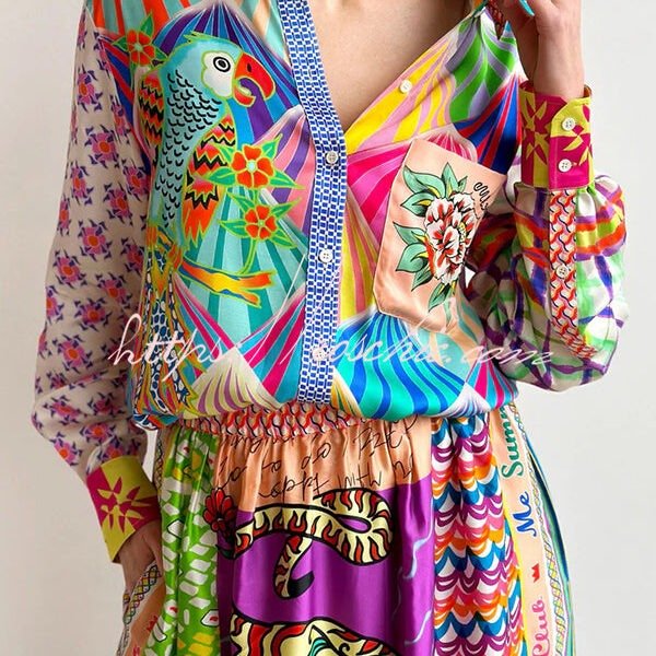 You Make Me Wonder Satin Colorful Unique Print Button Down Oversized Blouse