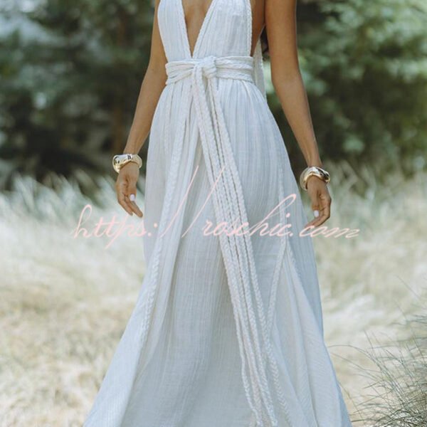 Summer Whispers Linen Blend Draped Braids Deep V-neck Halter Backless Cover Up Maxi Dress