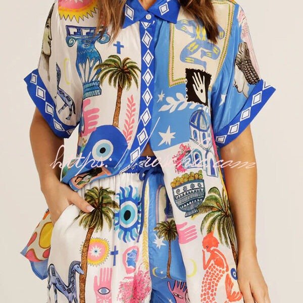 Unique Printed Short-sleeved Casual Loose Shirt and Elastic Waist Drawstring Pocket Shorts Set