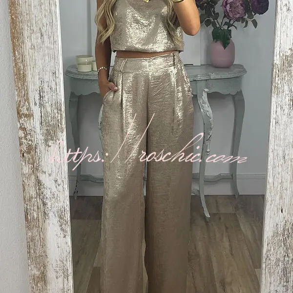 Rita Metallic Fabric Back Buttons Crop Tank and Elastic Waist Pocketed Wide Leg Pants Set