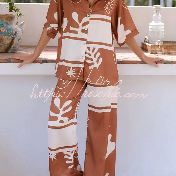 The Beach Girls Unique Color Block Print Button Up Shirt and Elastic Waist Pants Set