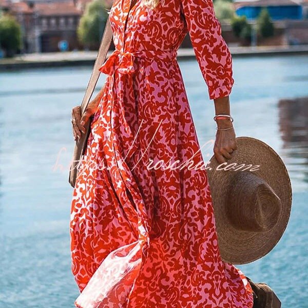 Lapel Slit Floral Print Lace Up Button Maxi Dress