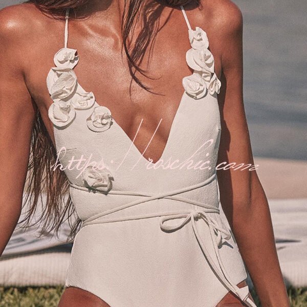 Solid Color Lace-up Flower Decoration Stretch One-piece Swimsuit