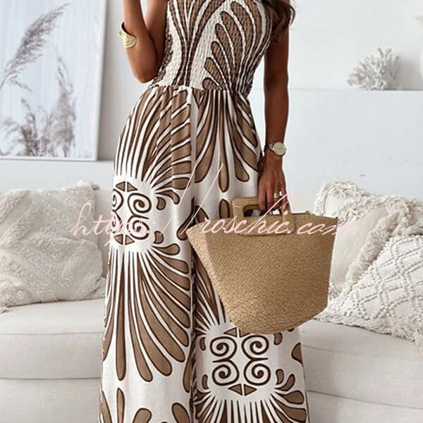 Unique Printed Off-shoulder Pleated Casual Wide-leg Jumpsuit