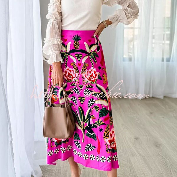 Creative Tropical Rainforest Unique Print High Rise Midi Skirt