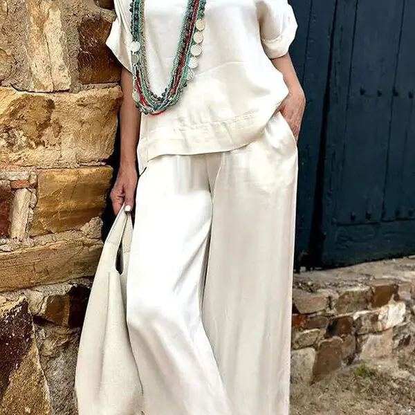 Satin Solid Color Short-sleeved V-neck Top and Elastic Waist Pocket Wide-leg Pants Set