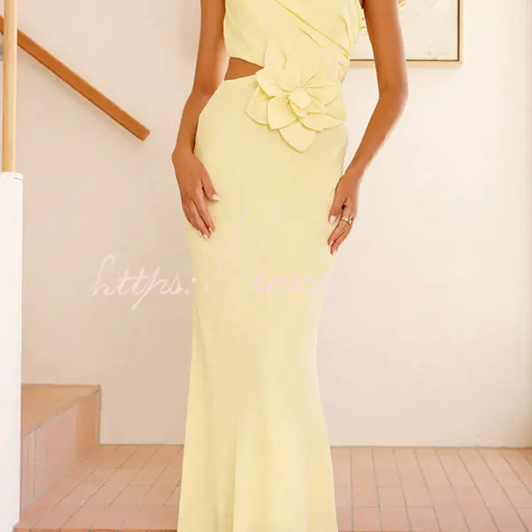 Bloom Summer 3d Flower Ruched One Shoulder Cutout Maxi Dress