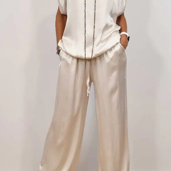 Satin Solid Color Loose Short-sleeved Top and Elastic Waist Lace-up Pocket Wide-leg Pants Set