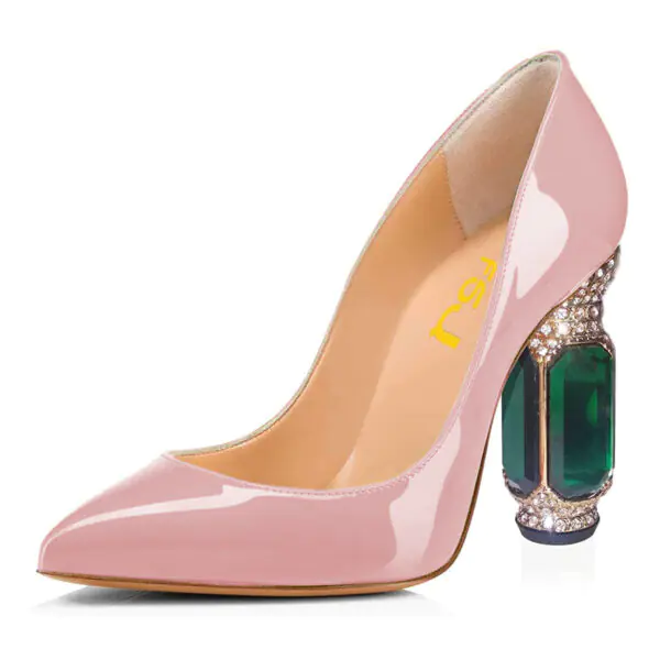 Pink Patent Leather Office Heels Rhinestone Chunky Heel Pumps