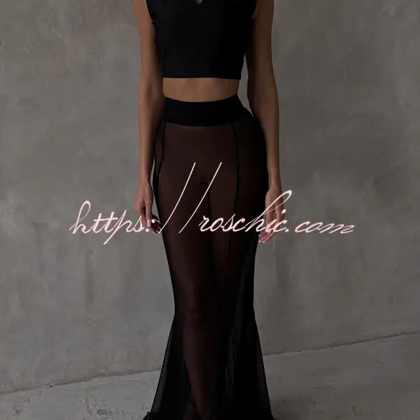 Shes Timeless Mesh High Rise Elastic Waist Fishtail Maxi Skirt
