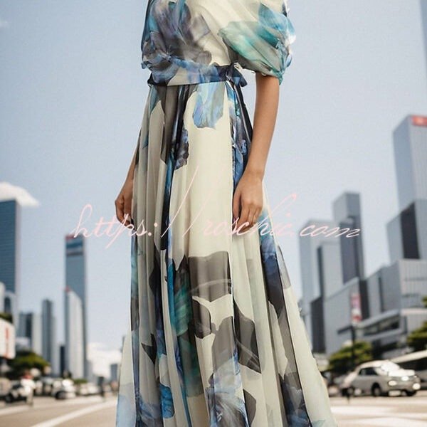 Unique Printed Bohemian Short-sleeved One-shoulder Maxi Dress