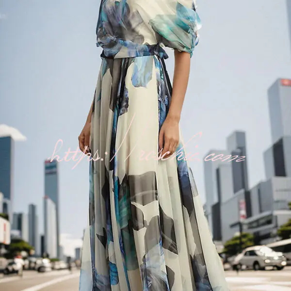 Unique Printed Bohemian Short-sleeved One-shoulder Maxi Dress