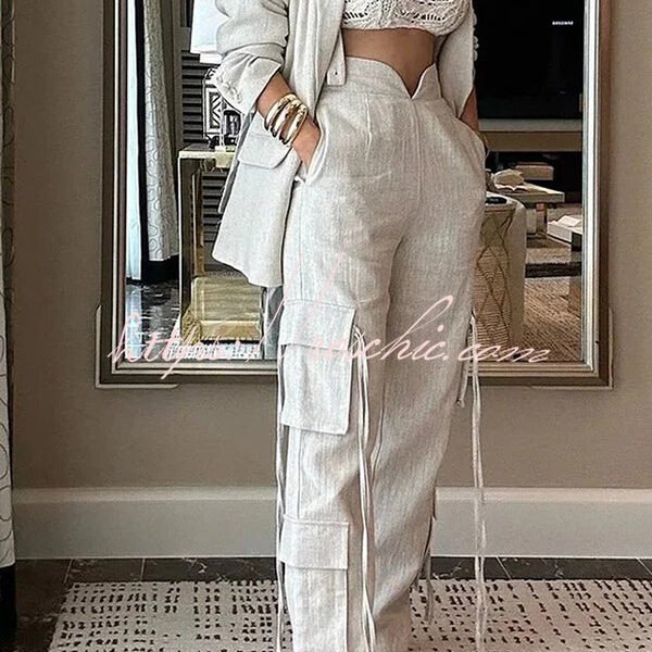 Stylish Lapel Long Sleeve Loose Jacket and Casual Pocket Lace-up Straight Leg Pants Set