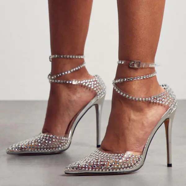 Transparent Stiletto Heels Pointed Toe Rhinestone Ankle Strap Pumps