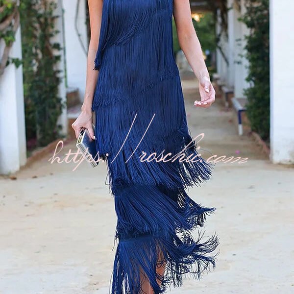 Stylish Fringed One Shoulder Asymmetric Midi Dress