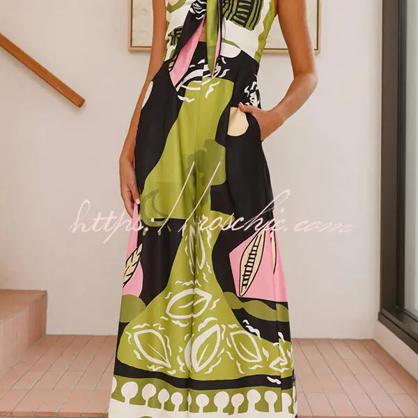 Unique Print Back Pleated Suspender Wide-leg Jumpsuit