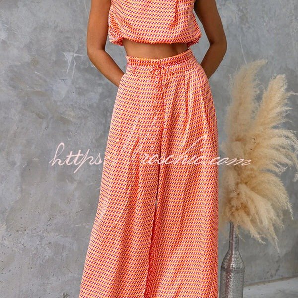 Girls Night Satin Printed High Neck Top and Elastic Tie-up Waist Pocket Wide Leg Pants Set